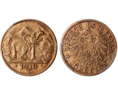 World Coins, German East Africa, 15 rupien, 1916T, right arabesque on obverse ends below first A of OSTAFRIKA, elephant r., r
