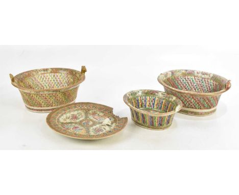 A pair of late 18th century Chinese Canton twin handled bowls, with reticulated and painted decoration of figures and insects