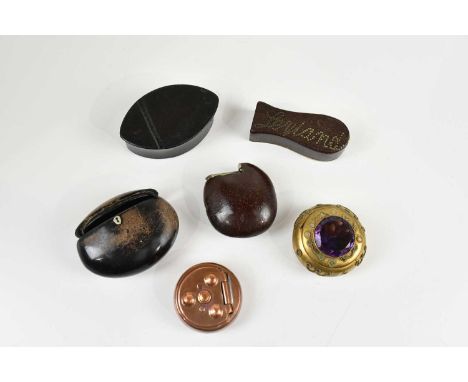 A collection of 19th century and later snuff boxes, including an oval lacquered example with simulated lock, width 6cm, a bra