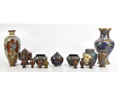 A Japanese cloisonné koro and cover of hexagonal form, the panels decorated with exotic birds and foliage, height 11cm, a lar