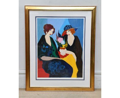 ITZCHAK TARKAY (Israeli, 1935-2012); pencil signed limited edition print, two figures beside flowers, numbered 116/350, 69 x 