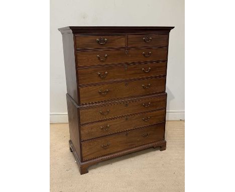 A 19th century mahogany chest on chest, with moulded cornice above an arrangement of two short over six drawers, on bracket f