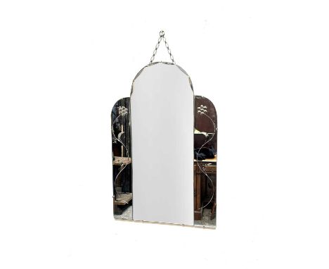 An Art Deco arch topped glass wall mirror, with floral decoration, 76 x 51cm.