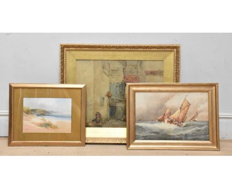 OSWALD GARSIDE (1879-1942); watercolour, fish wife beside steps, 50 x 68cm, F J Aldridge print, and watercolour of a coastlin