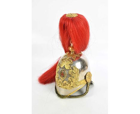 An ElIR Household Cavalry Lifeguards Officer's Helmet, white metal helmet with large enamel badge to front and brass fittings