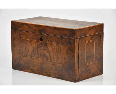 A 19th century yew wood and satinwood crossbanded rectangular tea caddy, the hinged cover enclosing mahogany interior and cov