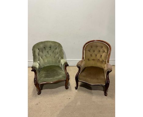 Two Victorian spoonback elbow chairs, upholstered in a button back material (2). 