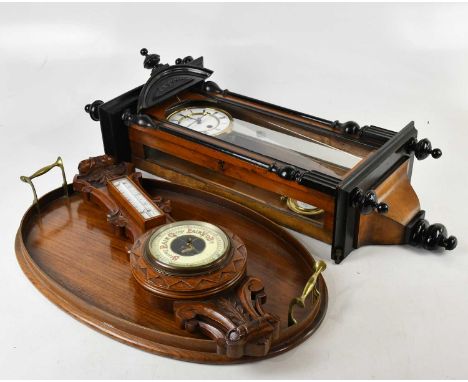 An Edwardian style inlaid mahogany twin handled butler's tray, length 60cm, a carved oak aneroid barometer and a Vienna style