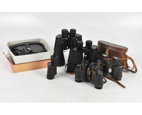 A collection of binoculars comprising Frank Nipole 12x65, University coated optics 7x50 cased binoculars, Imperial Prism bino