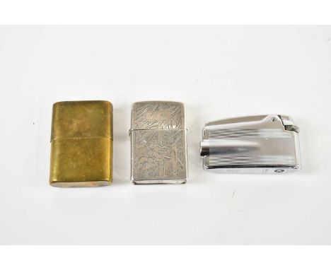 RONSON; a Varaflame vintage lighter, with a 950 grade silver cased lighter, and a brass example (3)