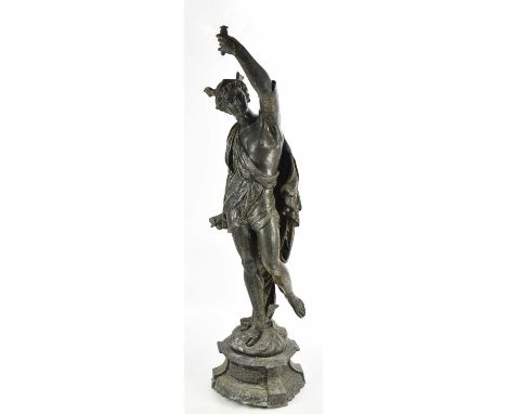A large bronzed spelter table lamp modelled as Jupiter, height 100cm, (arm af).