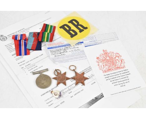 A WWII  medal trio comprising 1939-45 Medal, the Pacific Star, the 1939-45 Star and a 9ct gold and enamel badge R.A.M.C, awar