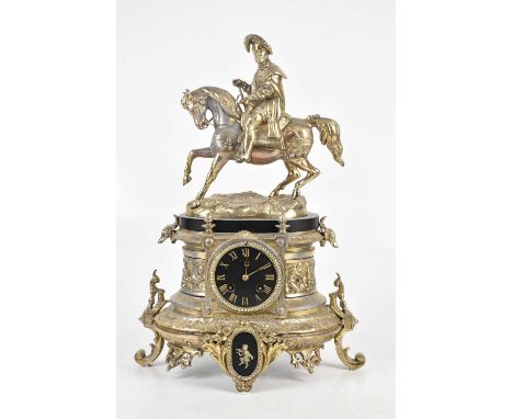 A French silvered metal and black slate figural mantel clock, mounted with horse and rider, height 45cm.Condition Report: Tar