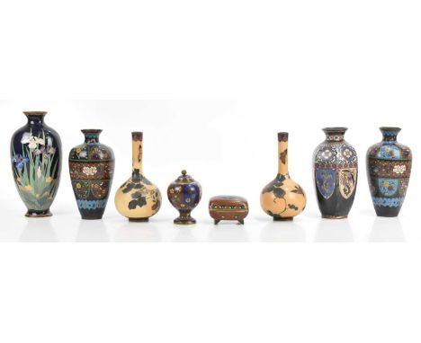 A collection of assorted Japanese cloisonné including an unusual wireless vase of ovoid form, decorated with irises on a blue