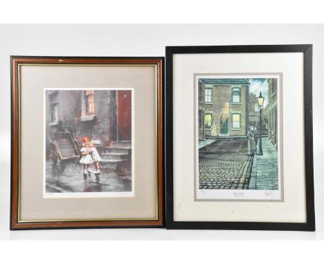 † MARC GRIMSHAW (born 1957); pencil signed limited edition print, children in street scene, numbered 89/650, 29 x 24cm, and a
