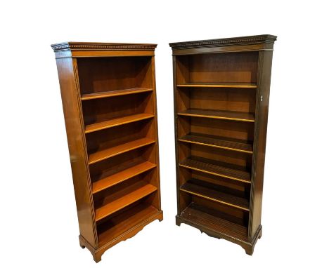 A modern walnut open bookcase with five adjustable shelves, on bracket feet, height 177cm, width 81cm, depth 30cm, and a furt