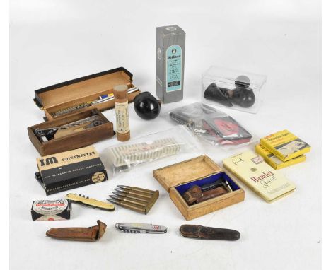 An assortment of collectors' items including Pointmaster, pocket thermometer, vintage pipes etc.