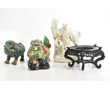 A large Chinese Blanc de Chine model of a male with horse, height 35cm, a Chinese style tureen and cover modelled as a Dog of