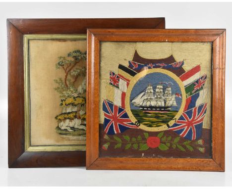 A late 19th/early 20th century British Sailor's woolwork panel of a sailing vessel and allied flags, 43 x 42cm, and a 19th ce
