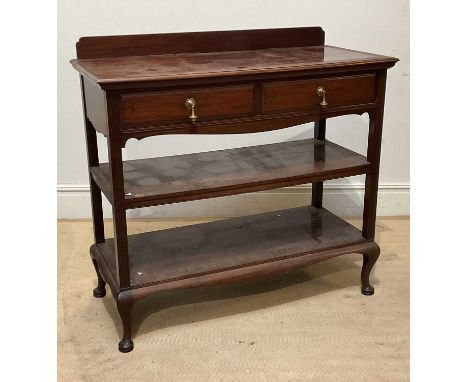 An early 20th century mahogany buffet, with raised back above two drawers and two shelves, on pad feet, width 123cm, depth 58