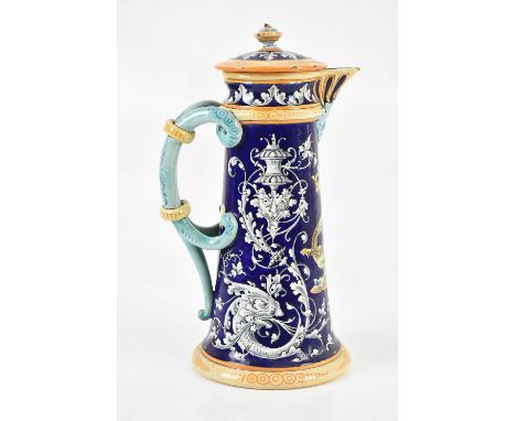 A French decorative majolica ewer with lid, stamped to base 'Ulysse Blois &amp; Balon', height 26cm.Condition Report: The cov