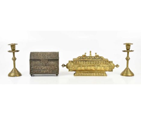 An Eastern cast metal dome top casket, with Persian style figures and animals, width 15cm, a pair of Arts and Crafts brass ca