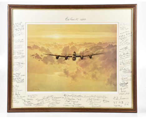 ROYAL AIR FORCE; a colour print ‘Outbound Lancaster Crossing The East Coast’ signed to the mount at the top by William (Bill)