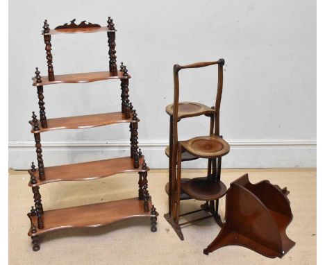 A Victorian five-tier serpentine fronted whatnot, folding cake stand and corner shelf (3)Condition Report: The what not has s