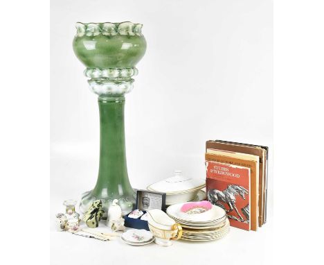 A Victorian style jardinière on stand, height 80cm, a Sèvres style dish, a Dresden candle holder, part dinner service, assort