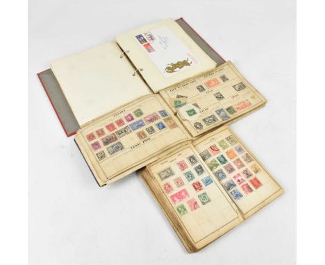 WORLD STAMPS; in three junior type albums including Great Britain First Day Covers, etc.