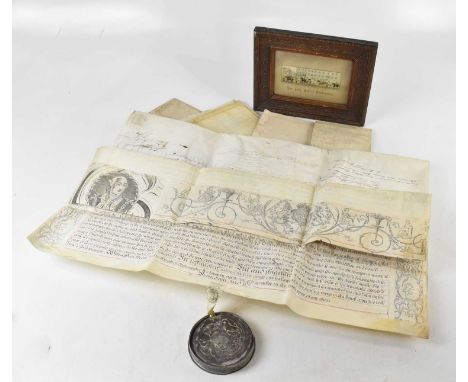 A Stevengraph, 'The Lady Godiva Procession', and a small collection of indentures.