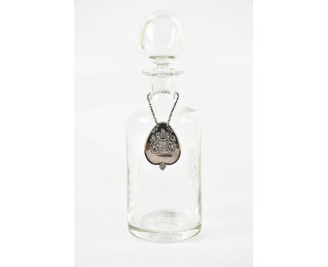 WEDGWOOD; a clear glass Silver Jubilee decanter with bulbous stopper, with hallmarked silver Silver Jubilee label by Roberts 
