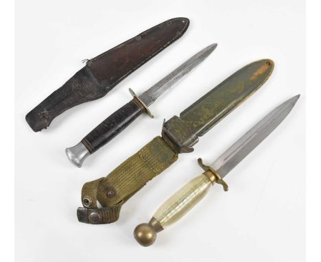 A US bayonet with brass tip and perspex handle, with green scabbard, also a English dagger with Sheffield blade (2).