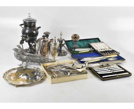 A quantity of electroplated items including cased cutlery, salver, comport, pair of pheasants, candlestick, etc (qty).