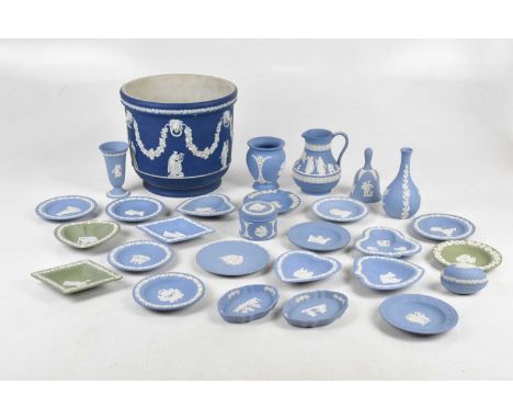 WEDGWOOD; a collection of jasper ware, including dishes, vases, trinket boxes, jugs and a planter.