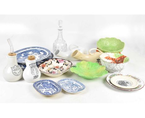 A collection of 19th century and later ceramics including three blue and white meat drainers, improved inhalers, Noritake, et