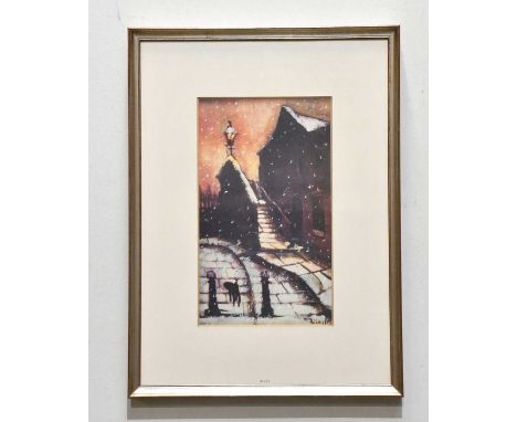 † HAROLD FRANCIS RILEY BL D LITT FRCS (HONS) DFS ATC (1934-2023); a heightened print, street scene with dog, 38 x 22cm, frame
