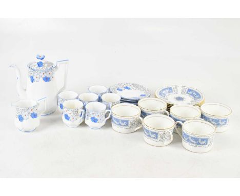 BELL CHINA; an Art Deco hand painted tea service with floral detail, and six Coalport 'Revelry' pattern cups and saucers. 