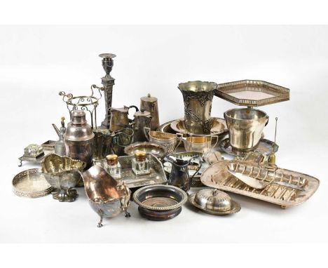A large quantity of assorted silver plate including comports, Victorian Sheffield Plate candlestick, desk stand, etc (qty).
