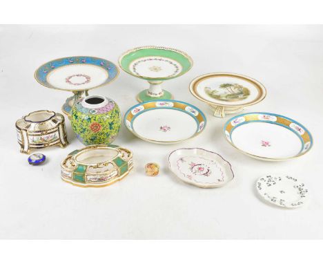 CAULDON; a hand painted comport decorated with landscape view, diameter 24cm, two further comports including a Mintons style 