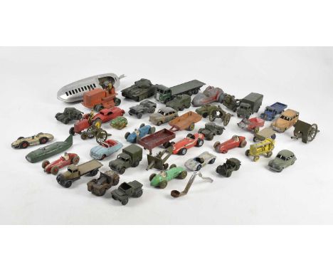 A collection of playworn diecast vehicles comprising tanks, army jeeps, racing cars and tractors, including Merlin, Matchbox 