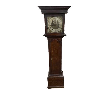 A late 18th century thirty hour longcase clock, the brass face with applied silvered chapter ring bearing Arabic and Roman nu