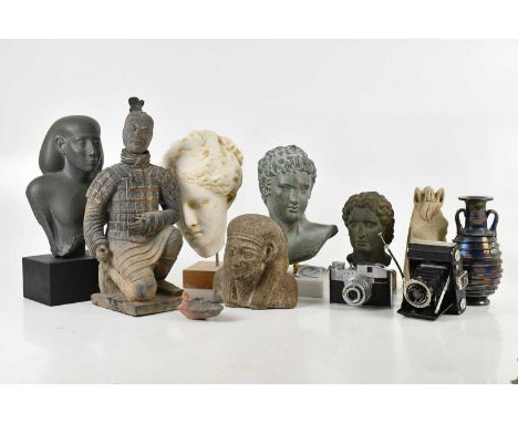 A collection of reproduction Roman and Egyptian style figures, a terracotta Roman style oil lamp, Roman style iridescent glas