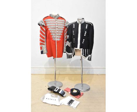 Two musician's tunics, one grenadier guards, a Scots cross belt, spats, gloves, etc. 