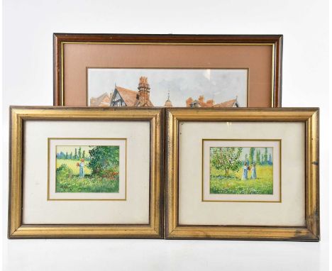 † D SHORT; a pair of oils, figures in landscape, signed, 11 x 14cm, and a pencil signed print, 'Bridge Street, Chester' by D.