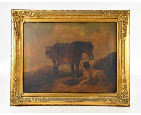 UNATTRIBUTED; a 19th century print, a horse beside dog, unsigned, approx 43 x 60cm, in ornate gilt frame.
