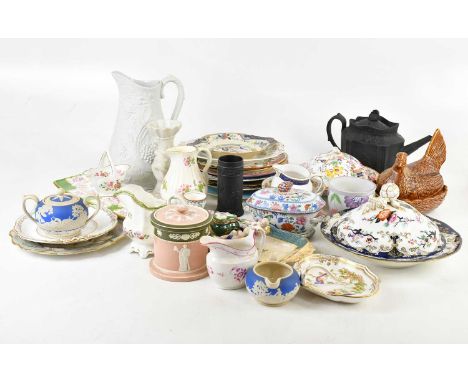 A large collection of 19th century and later ceramics, including a basalt ware teapot of quatreform shape, in the manner of W