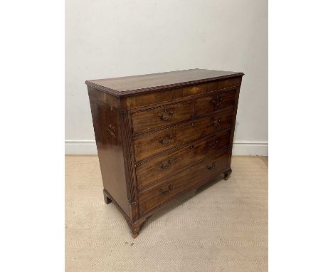 A Victorian inlaid mahogany chest of two short over three long drawers, on bracket feet, width 121cm, depth 55cm, height 113c