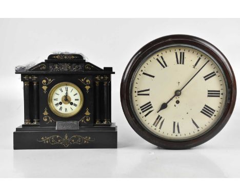 A 19th century station type wall clock with fusée movement, the painted dial set with Roman numerals, diameter 37cm, and a Vi