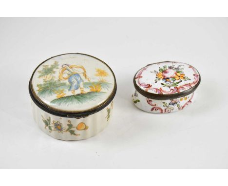 Two 19th century enamel snuff/pill boxes including a Bilston type example, with floral decoration, width 5cm (2).